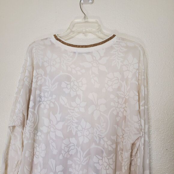 Desigual Women's XL Off-White Burnout Velvet Floral Sheer Top Gold Trim Pullover - Picture 13 of 15